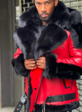 winter leather coat冬季加厚皮毛一体红色猎装毛领皮大衣外套男