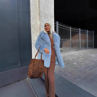 跨境欧美秋冬新款皮草外套女中长款仿真貂毛大衣毛皮女士服装