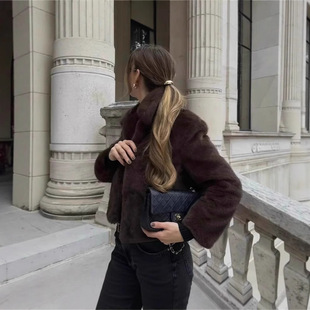 欧美跨境秋冬新款女装时尚棕色皮草外套短款翻领夹克fur coat