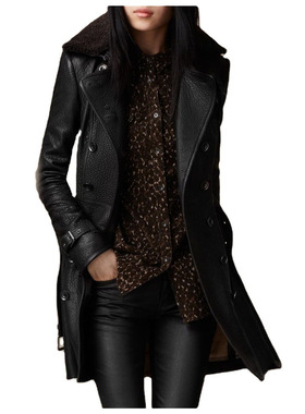 Russian beauty black leather jacket俄罗斯时尚美女毛领皮夹克