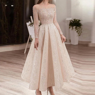 Light luxury women's wear欧美外贸女装圆领长袖修身亮片中长裙