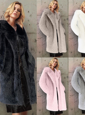 Faux fur coat秋冬女长款仿皮草西服领外套大衣 人造毛仿皮草外套