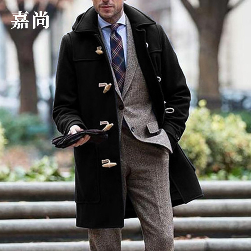 新款亚马逊中年欧美外贸跨境男装潮流中长款翻领男士大衣外套