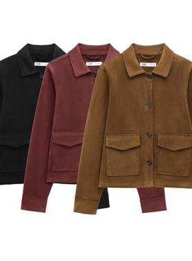 Simple retro suede jacket简约复古双口袋麂皮夹克女长袖单排扣