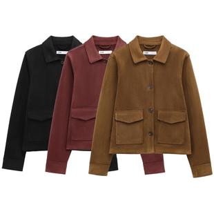 Simple retro suede jacket简约复古双口袋麂皮夹克女长袖单排扣