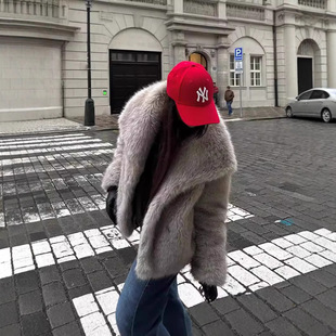 亚马逊欧美跨境批发秋冬款女装纯色人造皮草翻领外套女大衣