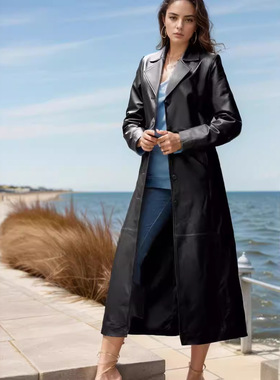 Long versatile women's leather coat长款百搭修身大码皮大衣女