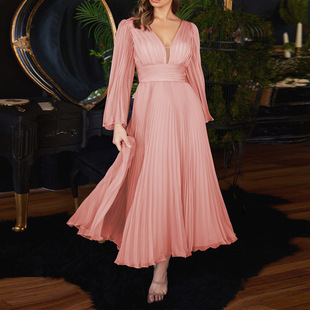 Four-season dress欧美女装性感压褶雪纺长袖礼服修身连衣裙中裙