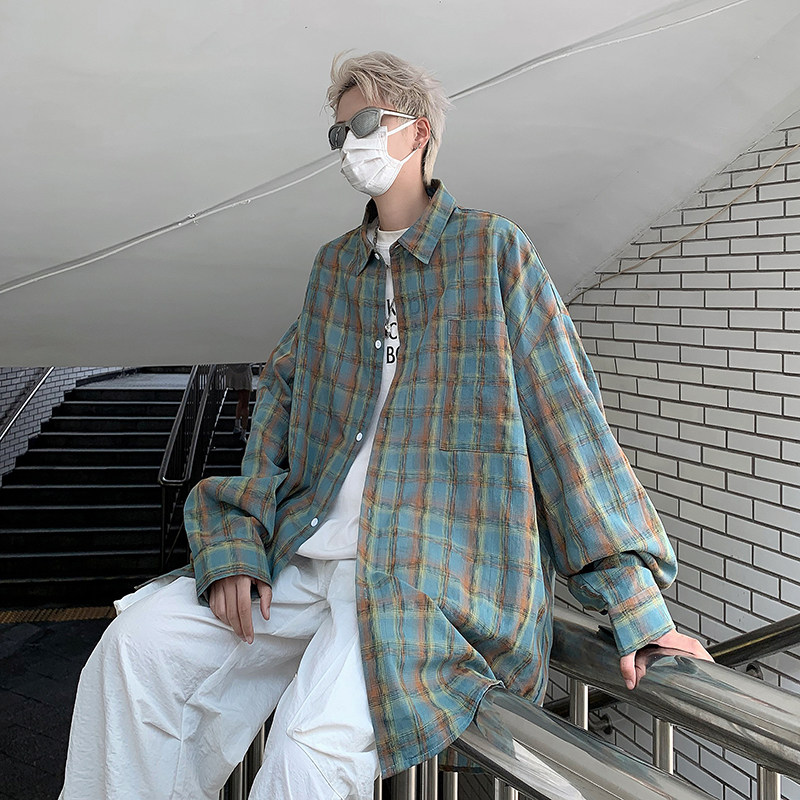 高品质秋款男长袖衬衫格子拼接休闲宽松衬衣外套CS126P40,男装衬衫,星座1013-1