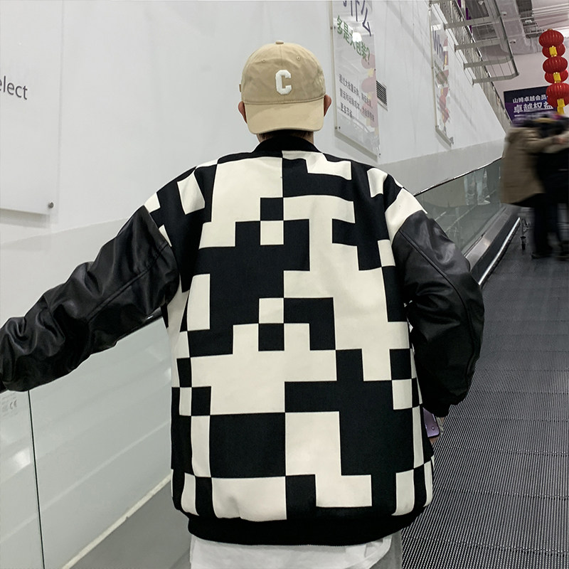 2022港风春款男夹克棒球领字母印花PU皮拼接棋盘格外套J,男装皮衣,星座1013-1