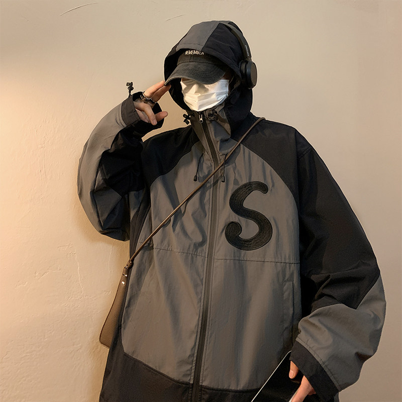春款男夹克衫连帽S字母刺绣拼色工装冲锋衣外套J,男装夹克,星座1013-1