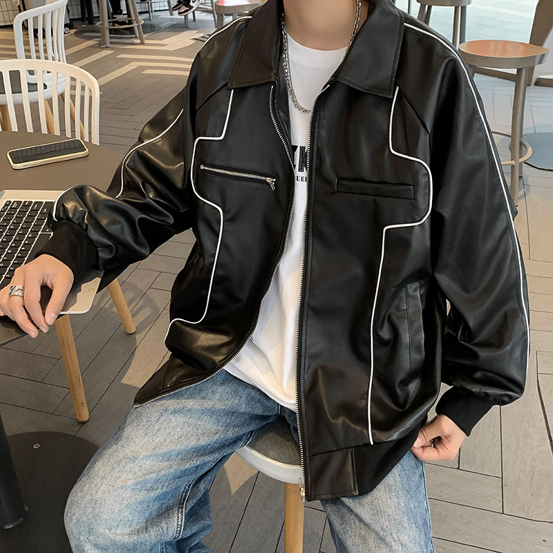 高品质秋款男皮衣翻领工装口袋拉链条纹皮夹克外套JK66P60,男装皮衣,星座1013-1