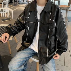 高品质秋款男皮衣翻领工装口袋拉链条纹皮夹克外套JK66 P60图片