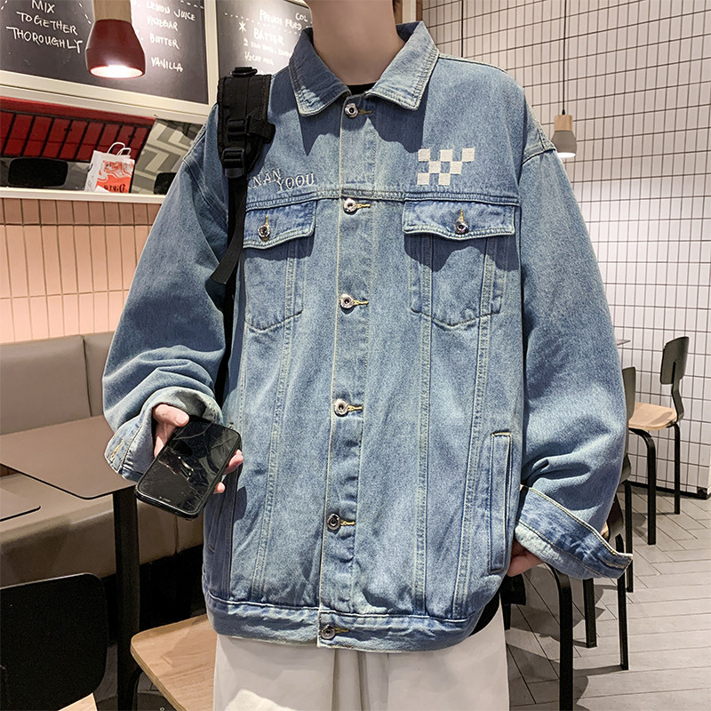 港风春款男牛仔夹克衫棋盘格字母刺绣人物休闲外套J,男装夹克,星座1013-1