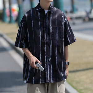 夏款男短袖衬衫扎染条纹印花休闲衬衣CS203 P35图片