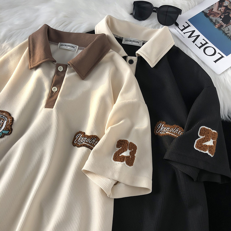 港风夏款男短袖POLO衫华夫格字母印花毛巾刺绣休闲T恤衫T72P35,男装T恤,星座1013-1