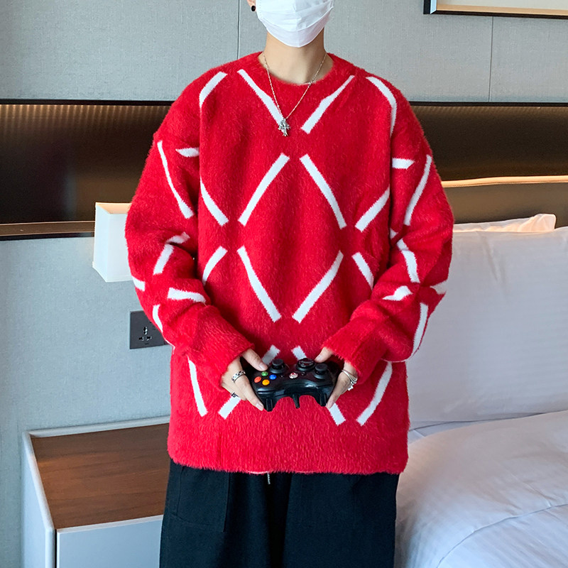 冬款男针织套头圆领毛衣菱形条纹拼接加厚打底外套M0117,男装针织衫/毛衣,星座1013-1