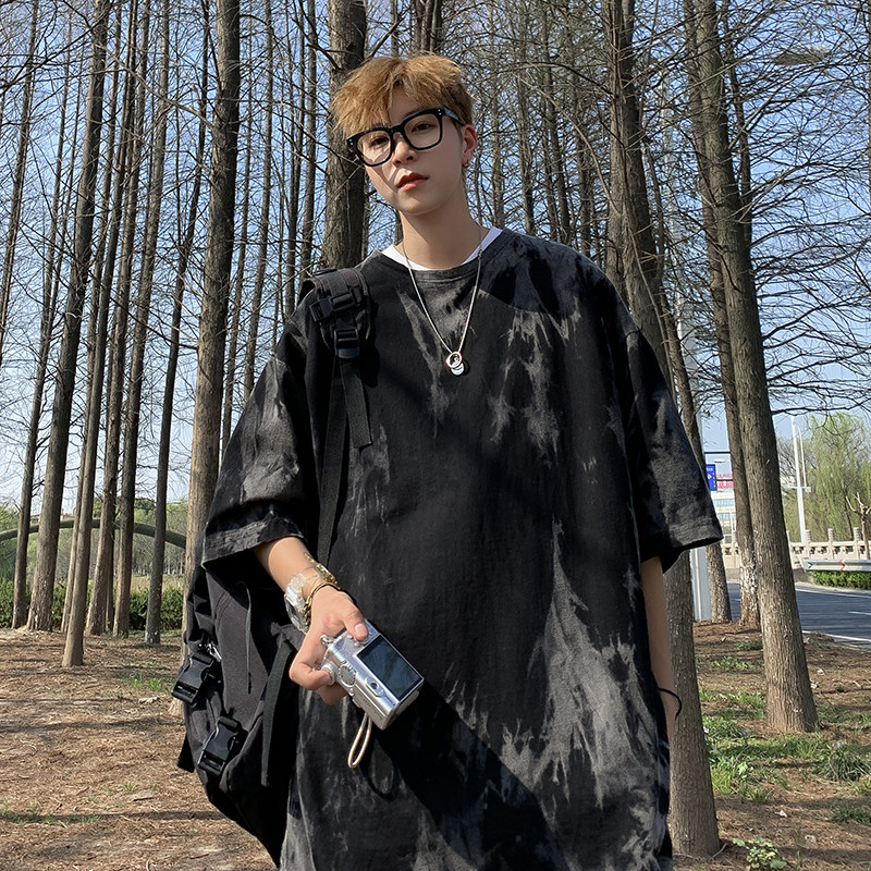 港风夏款男短袖纯棉T恤扎染水洗宽松版中长款五分袖T恤衫T017P40,男装T恤,星座1013-1