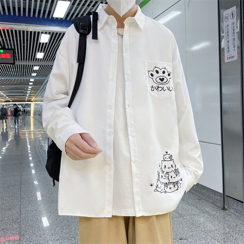 2022港风春款男休闲长袖衬衫卡通猫咪动物印花衬衣CS001图片