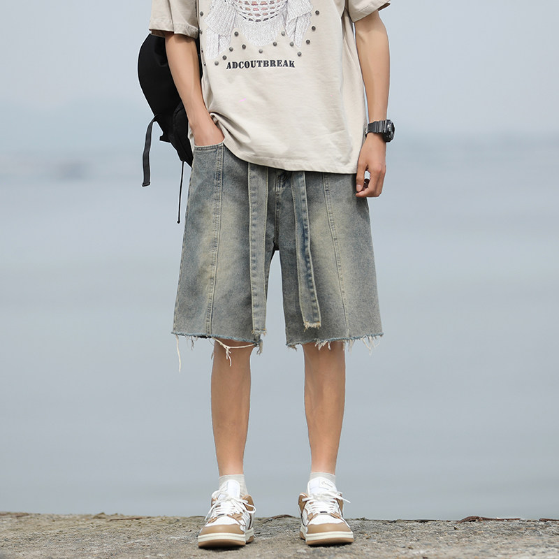 港风夏款男牛仔短裤流苏拼接渐变色休闲中裤长腰带D8046P45,男装牛仔裤,星座1013-1