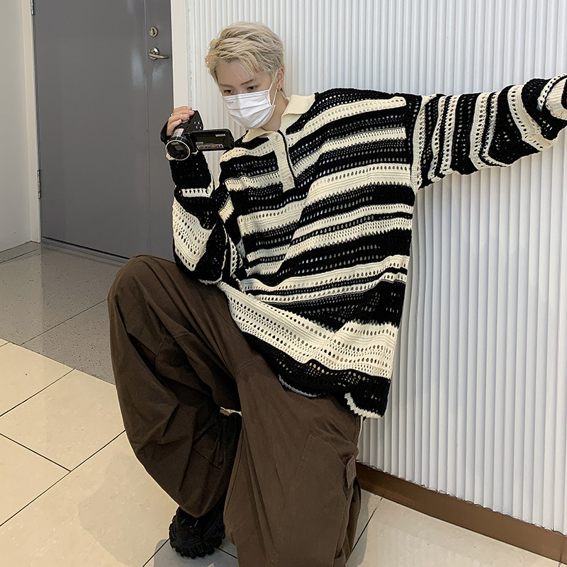 高品质秋款男针织衫POLO领镂空条纹拼色毛衣外套M216P40,男装针织衫/毛衣,星座1013-1