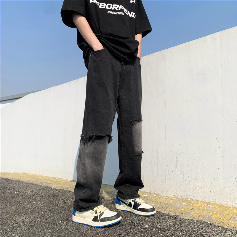 港风夏款男牛仔裤流苏破洞补丁直筒宽松休闲长裤nk913P45,男装牛仔裤,星座1013-1