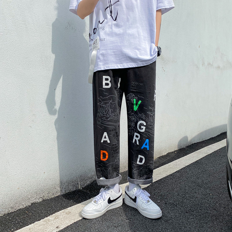 港风夏款男牛仔裤字母印花直筒潮九分裤nk2213P40,男装牛仔裤,星座1013-1