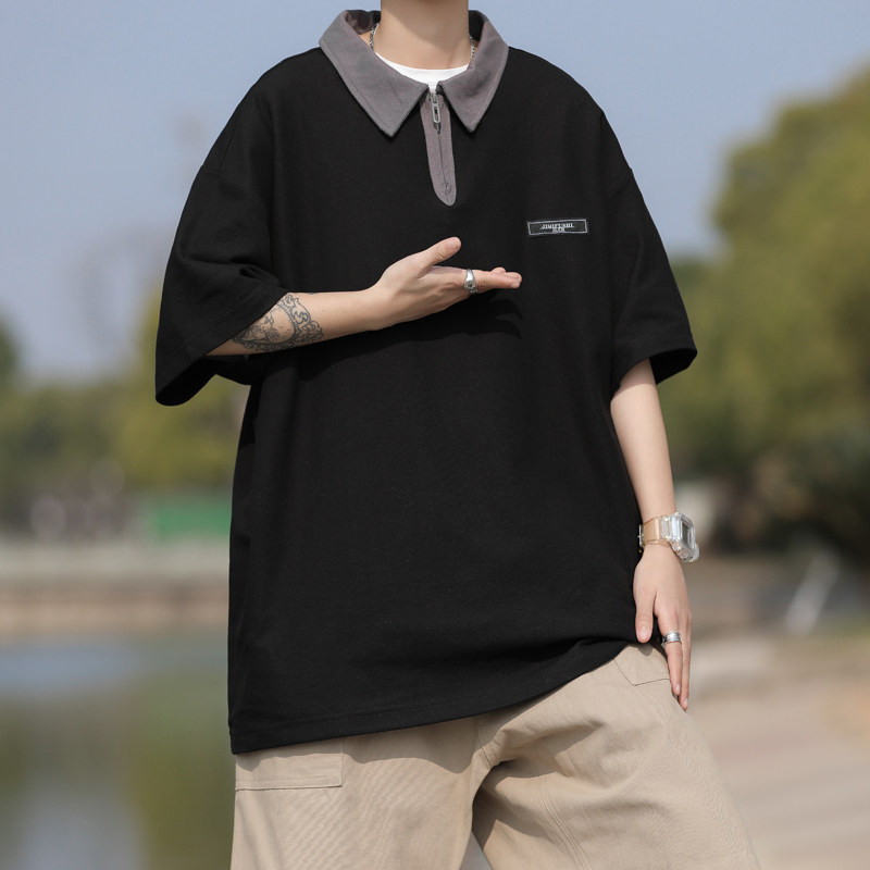 港风夏款男短袖POLO衫拼色拉链字母贴标休闲T恤衫T607P35,男装T恤,星座1013-1