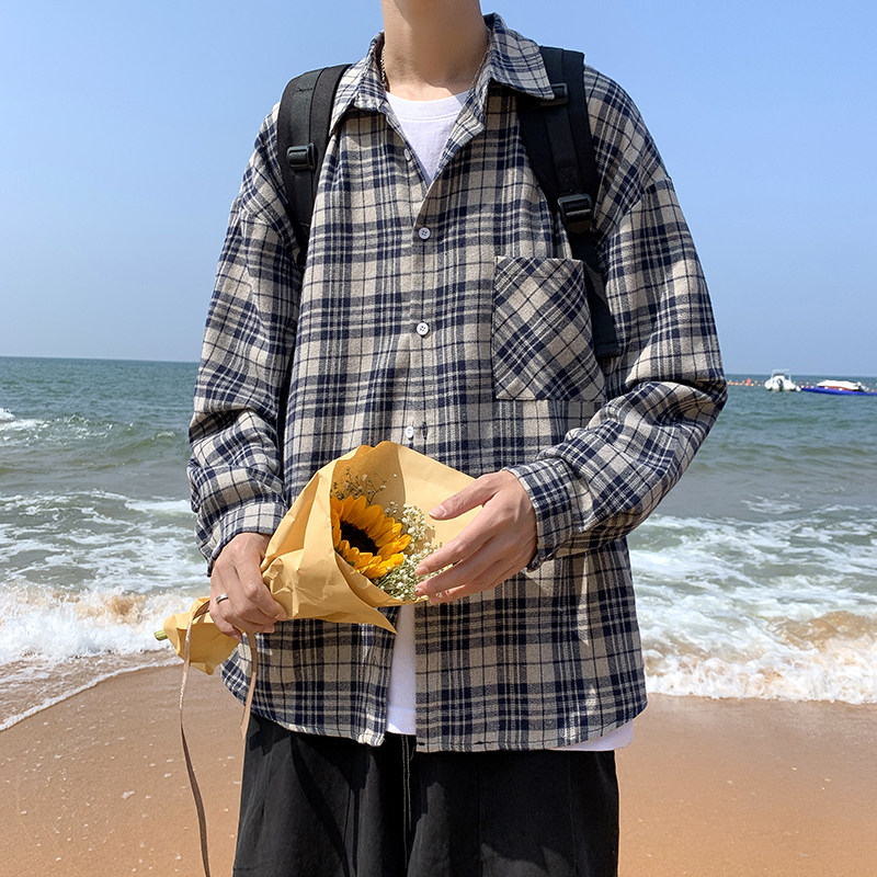 2021港风秋男装休闲衬衫卡千鸟格子长袖韩版翻领衬衣CS2117,男装衬衫,星座1013-1