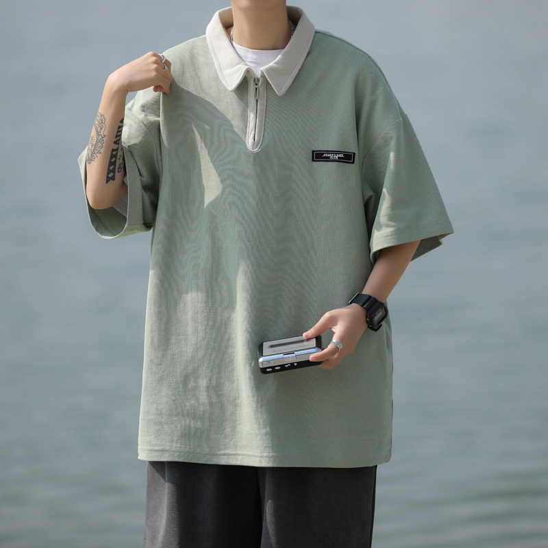 港风夏款男短袖POLO衫拼色拉链字母贴标休闲T恤衫T607 P35图片