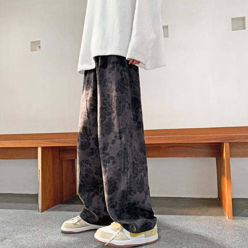 2022港风风花夏款男裤树枝叶印花宽松直筒长裤h7059P35,男装休闲裤,星座1013-1