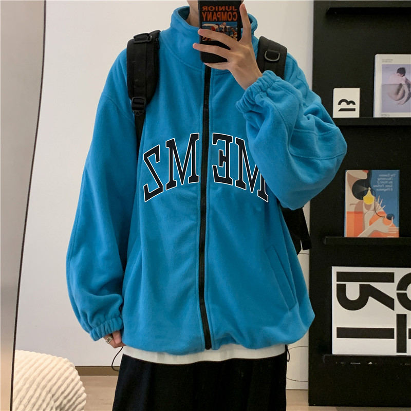 港风秋男夹克开衫字母印花立领拉链运动羊羔毛卫衣外套J,男装夹克,星座1013-1