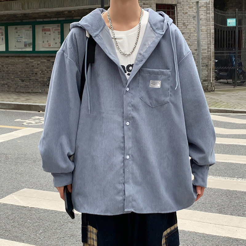 秋款男长袖衬衫连帽灯芯绒小贴标抽绳休闲外套CS729,男装衬衫,星座1013-1
