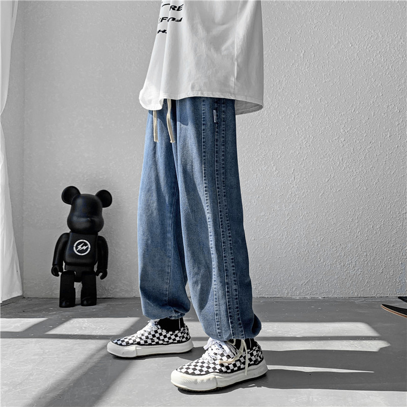 港风秋冬款男牛仔裤小贴标拼接系带直筒宽休闲长裤n图片