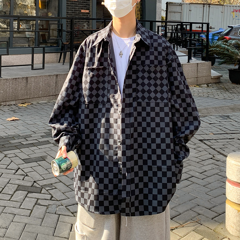 2022港风春款男长袖衬衫棋盘格韩版百搭休闲衬衣CS90,男装衬衫,星座1013-1