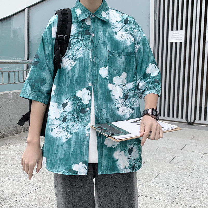 港风夏款男短袖衬衫扎染荷花印花沙滩花衬衫CS47,男装衬衫,星座1013-1