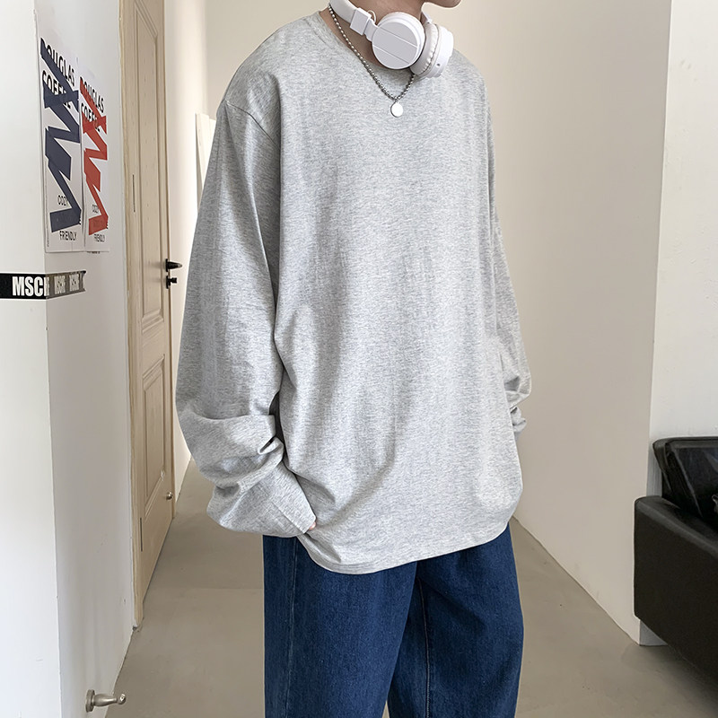 2021港风春款男长袖T恤圆领纯色打底T恤衫情侣款百搭宽松T37P15,男装T恤,星座1013-1