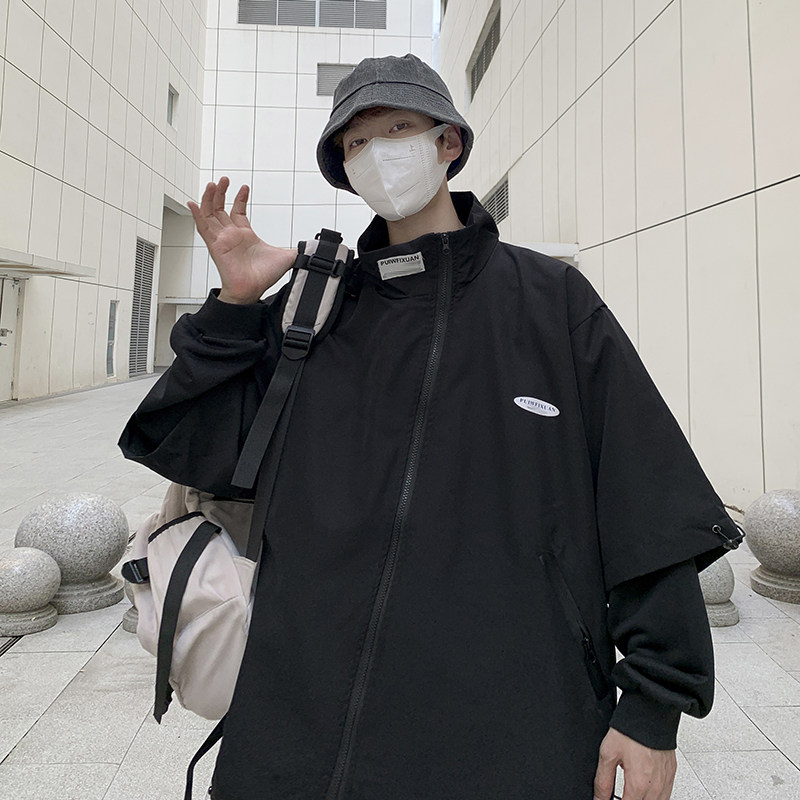 秋季男工装夹克斜拉链抽绳字母印花宽松假两件立领外套JK200 P60图片