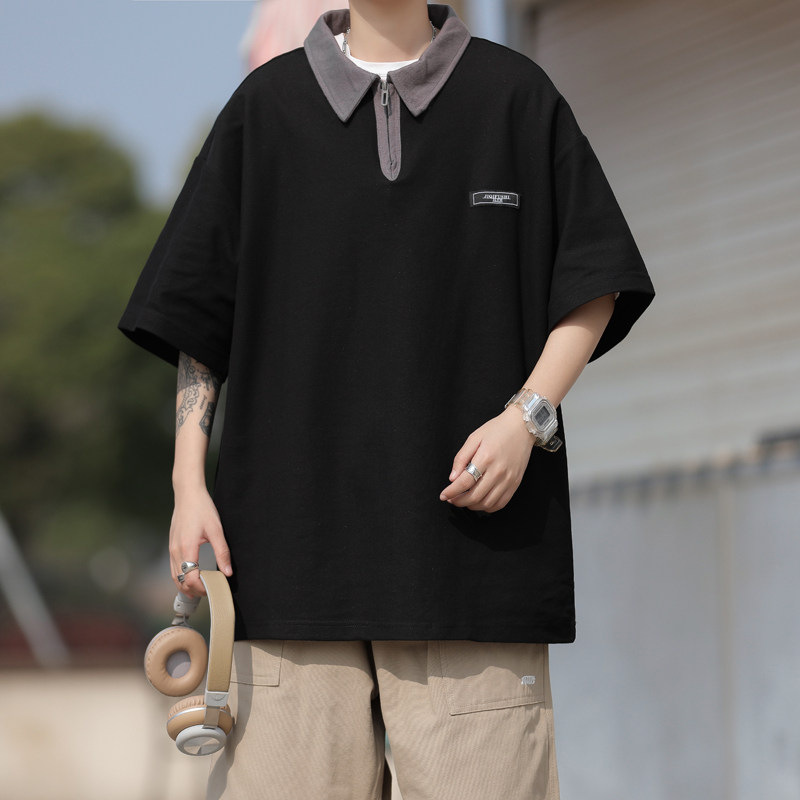 港风夏款男短袖POLO衫拼色拉链字母贴标休闲T恤衫T607P35,男装T恤,星座1013-1