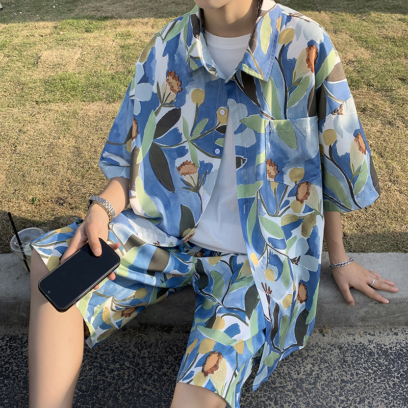 港风夏款男套装短袖花衬衫五分沙滩花短裤两件套TZ5512 P50图片