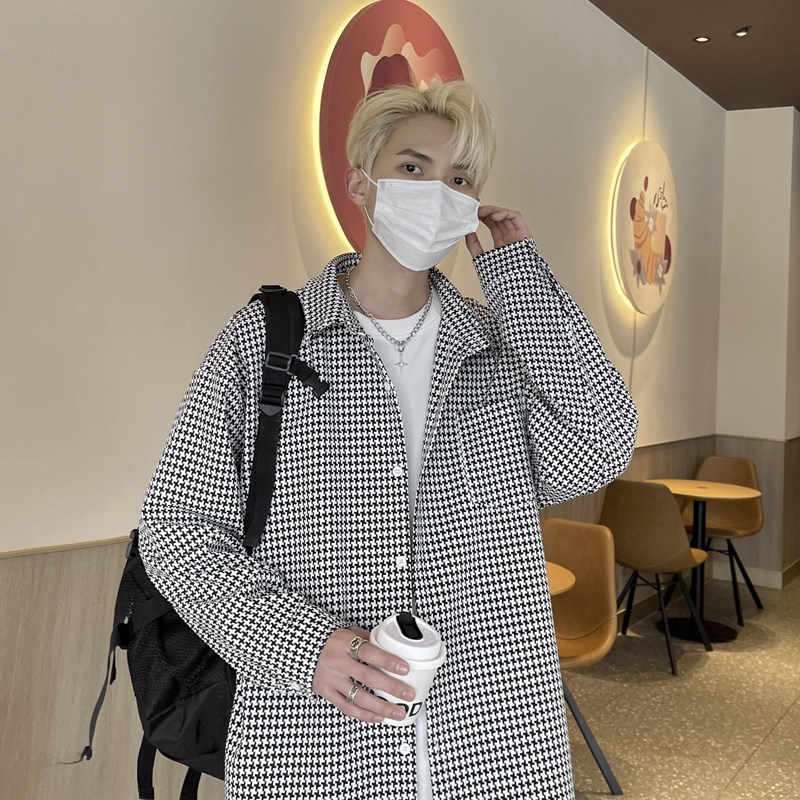 2023港风秋款男长袖衬衫波点条纹拼接纯棉衬衣休闲外套CS01P35,男装衬衫,星座1013-1
