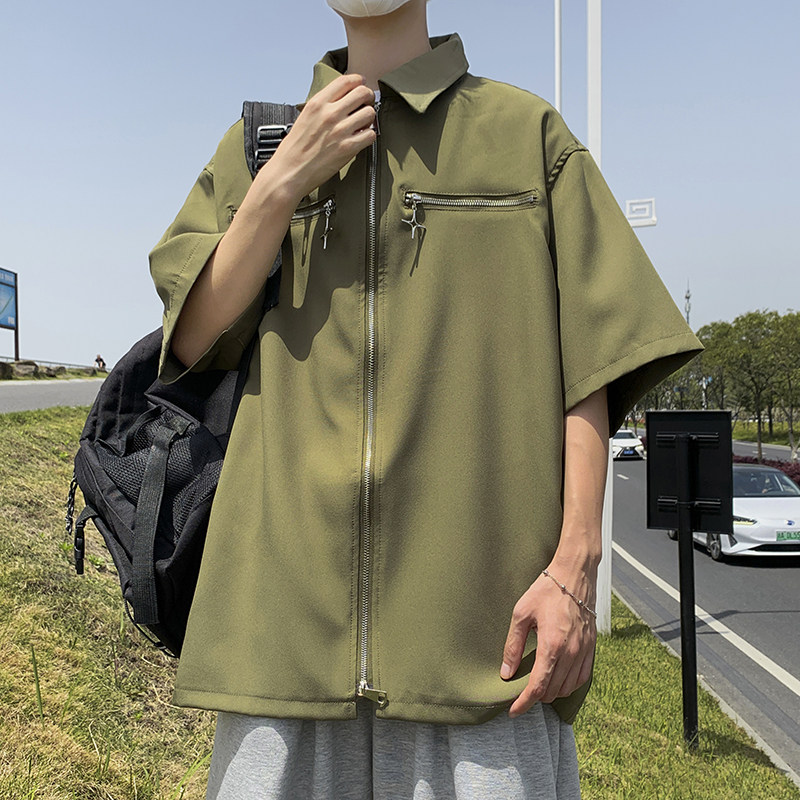 港风夏款男短袖衬衫工装拉链口袋休闲衬衫CS1268P45,男装衬衫,星座1013-1