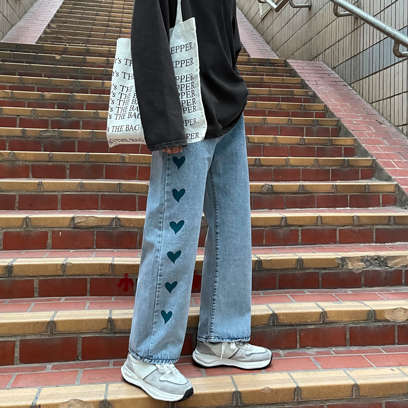 2021港风春款男牛仔裤心印花宽松直筒牛仔加大码S-5xlnk6028P50,男装牛仔裤,星座1013-1