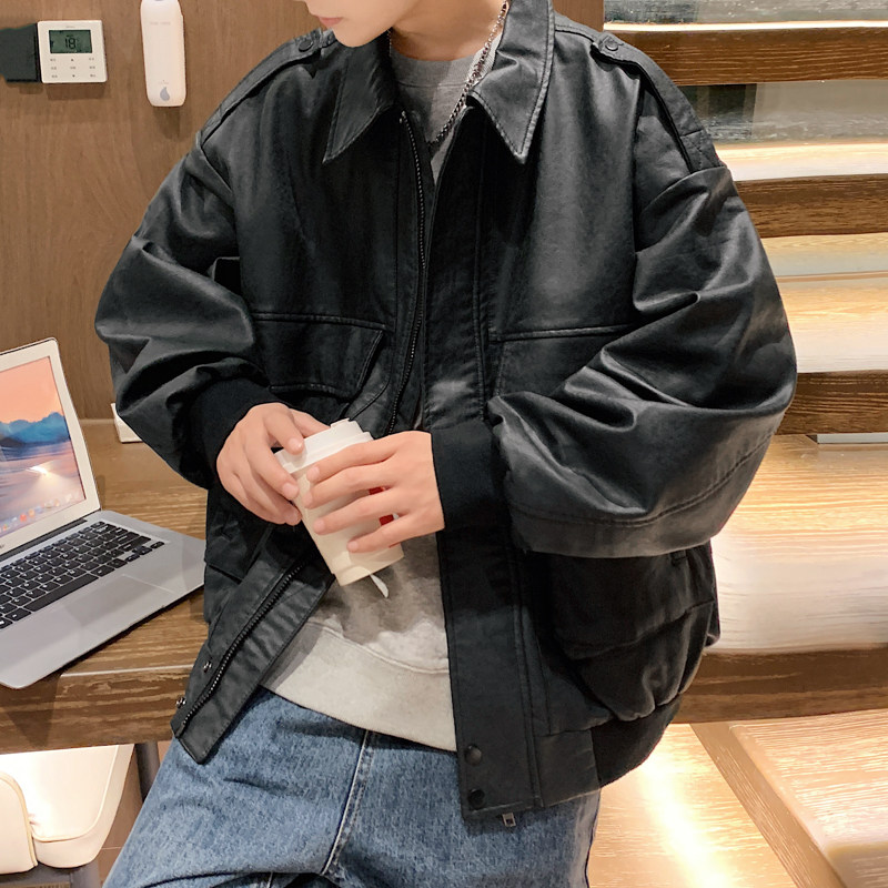 港风秋款男皮夹克机车皮衣织带休闲外套J,男装皮衣,星座1013-1