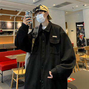 港风秋款男夹克工装大口袋麂皮绒毛呢小贴标单排扣外套JK114 P55图片