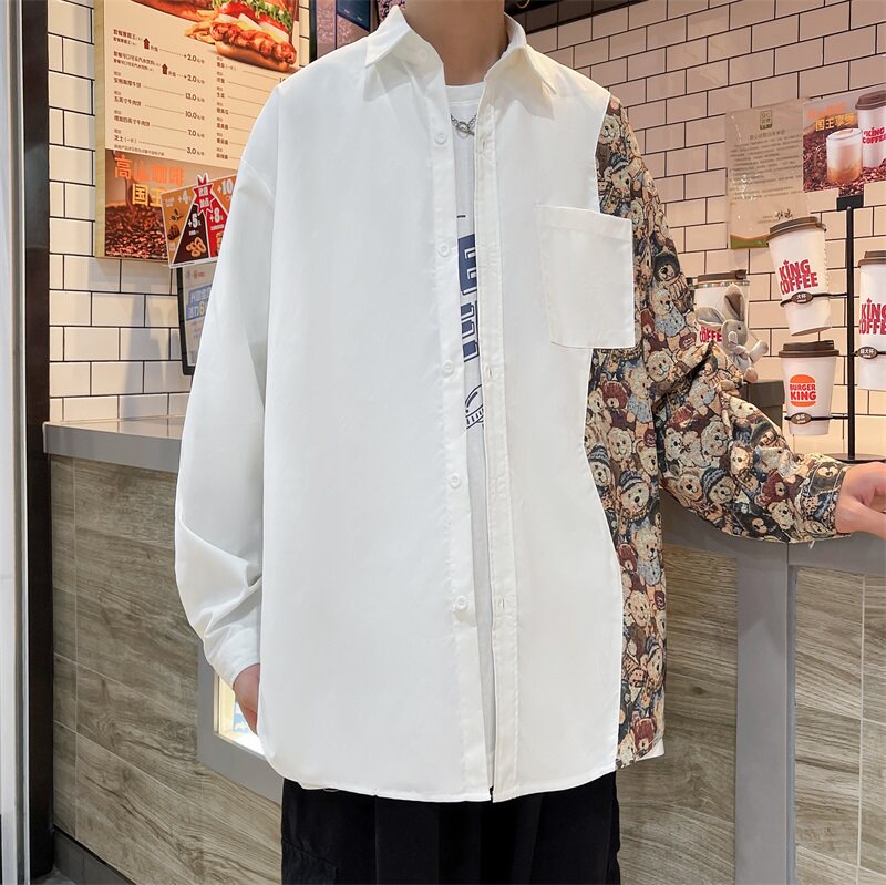 2022港风春款男休闲长袖衬衫小熊印花图案拼接衬衣CS008,男装衬衫,星座1013-1
