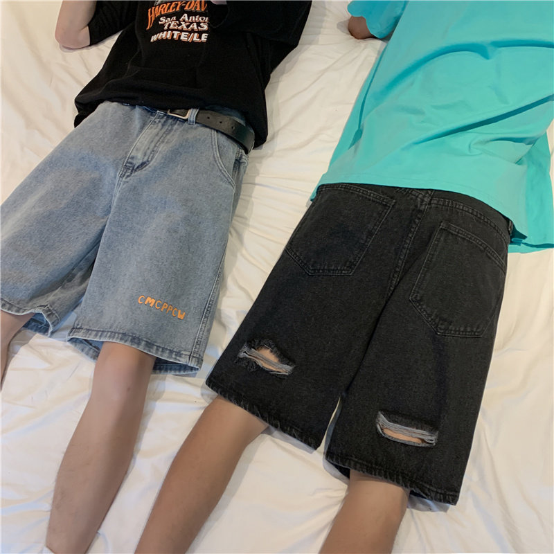 港风夏款男破洞牛仔短裤字母印花潮休闲中裤马裤D526 P35图片