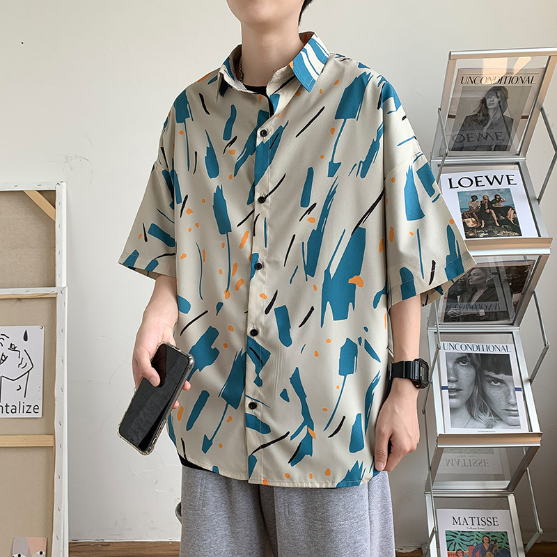 夏款男短袖衬衫扎染印花宽松衬衣CS08图片