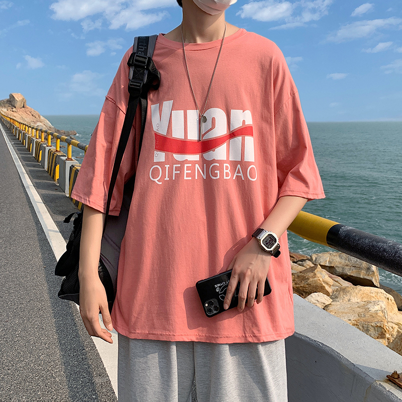 港風夏款寬鬆短袖恤字母圖案印花休閒情侶純棉恤衫
