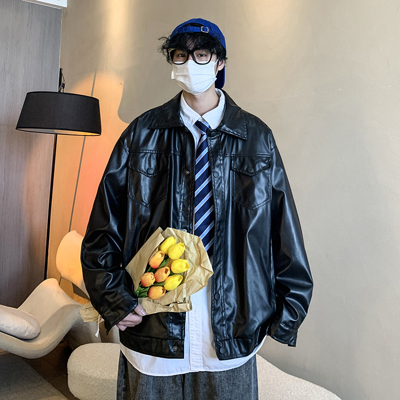 2022港风春款男皮衣工装口袋休闲单排扣皮夹克外套J,男装皮衣,星座1013-1
